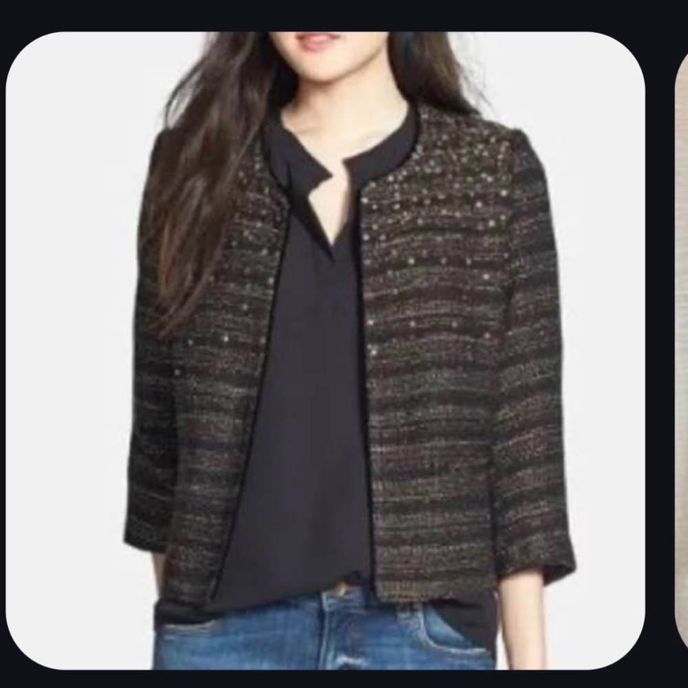 Pleione Black and Metallic Tweed Open-Front Blazer 3/4 Length Sleeves Dressy